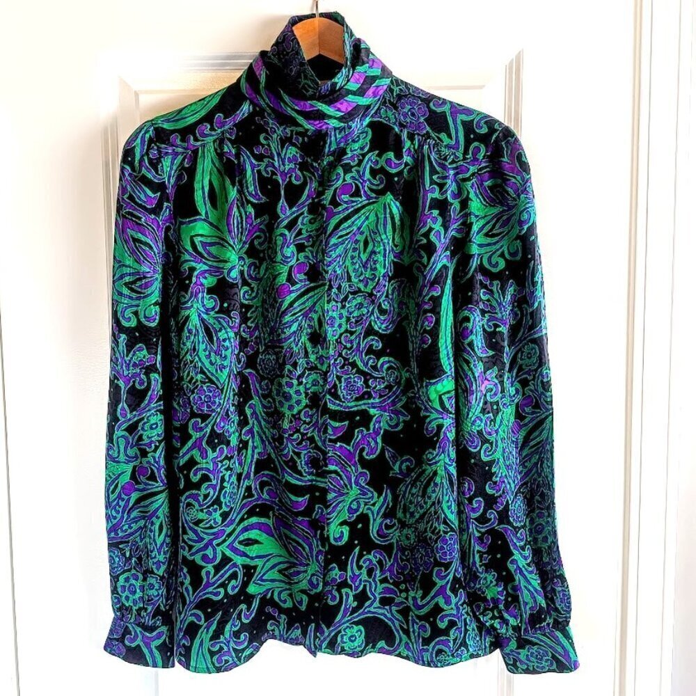 Vintage Adrianna Papell Green Purple Black Silk Jacquard Blouse